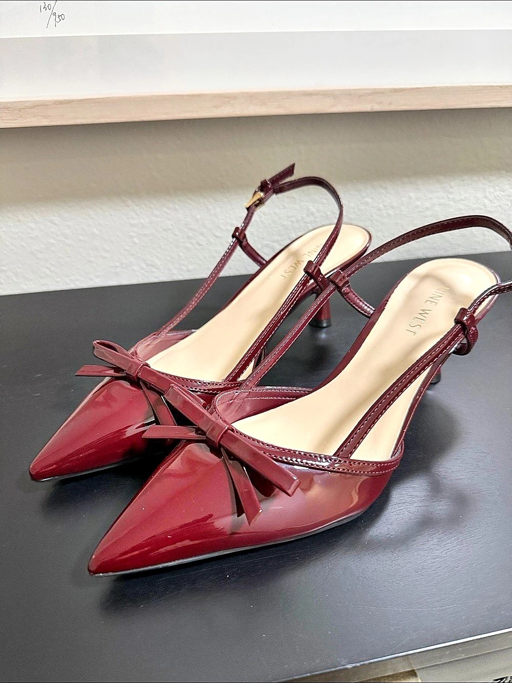 NWT Nine West Lyrical Slingback Pointed Toe Kitten Heel Pump Burgundy 8.5